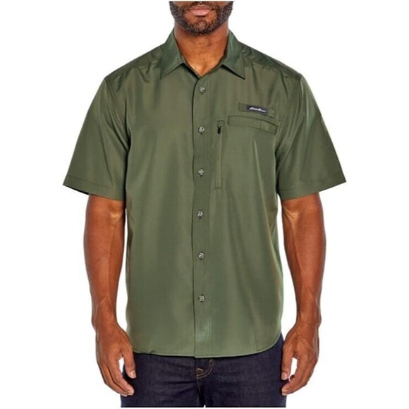 Eddie Bauer Woven Tech Shirt Mens M Green Outdoor Vented Lightweight Camping NEW - Picture 1 of 12